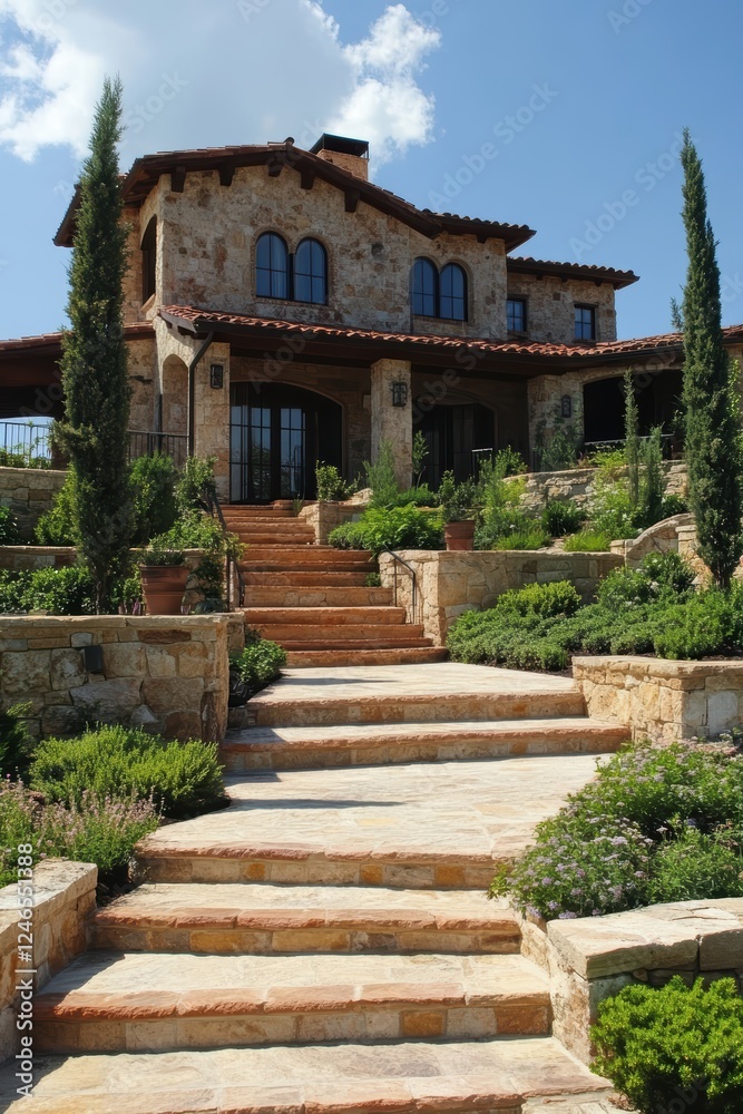 Rustic Tuscan villa on a hillside with terracotta tiles and stone terraces. Rustic Tuscan villa on a hillside with terracotta tiles and stone terraces.