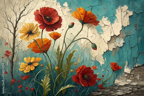Textured Impasto Style Oil Painting of Vibrant Poppies and Wildflowers Against Cracked Wall Backdrop