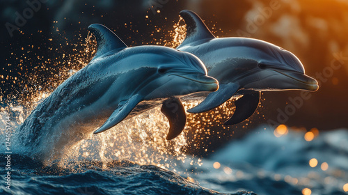 Dolphins performing synchronized jumps near a scenic coastline with cliffs in the background photo