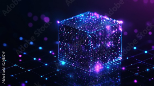Glowing cube with digital data streams and connections.