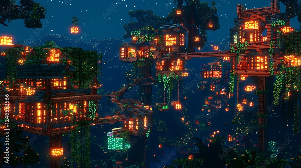 Obraz premium Nighttime treetop village, glowing lanterns, lush forest. Fantasy game environment