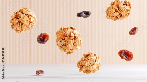 Floating Oatmeal Balls and Dried Fruits on a Light Background photo