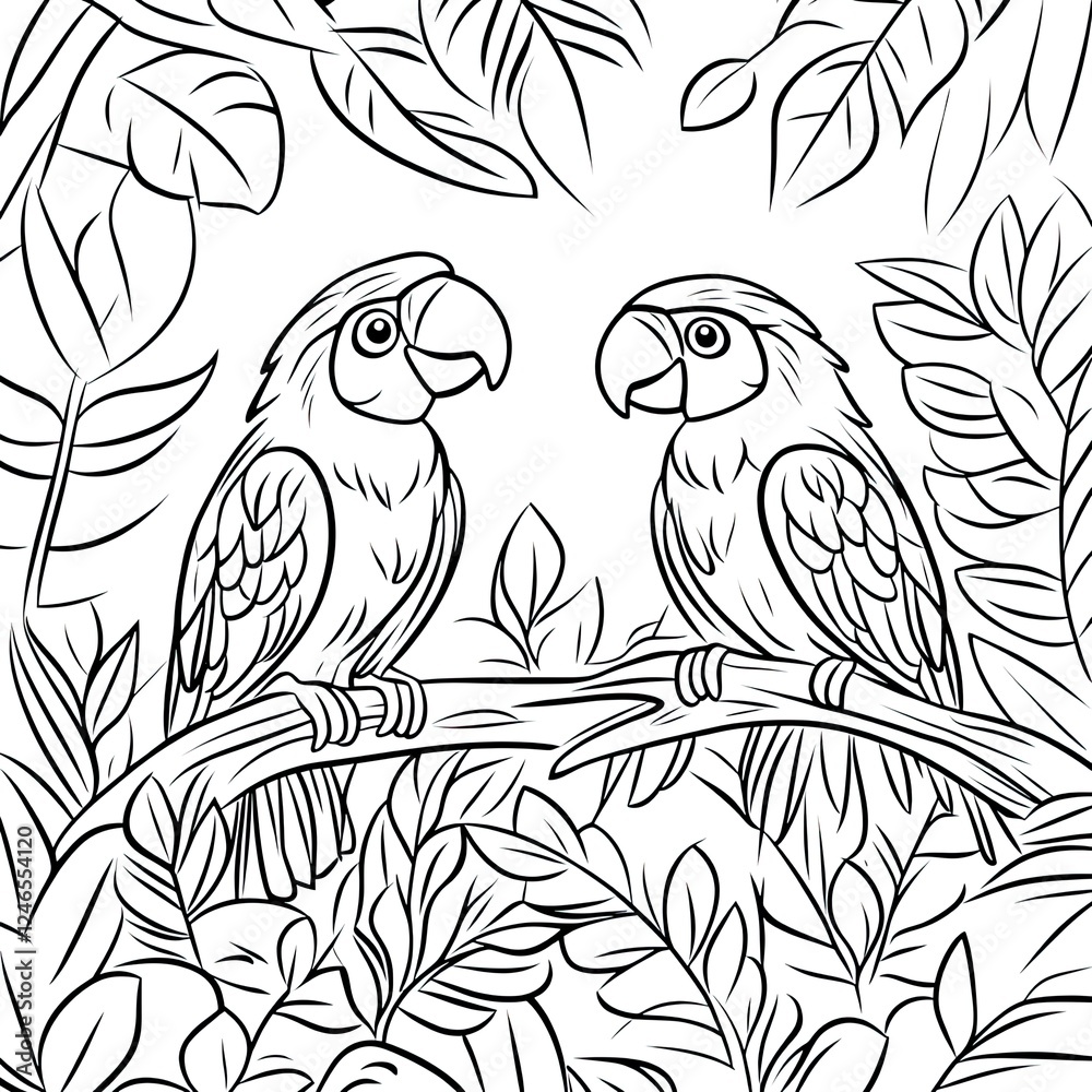 Obraz premium Vibrant Tropical Birds in Lush Jungle Coloring Book Page