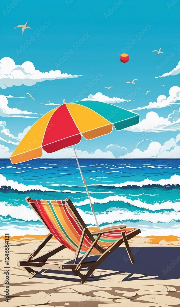 Sea with beach and sky view in summer, sun umbrella, beach chair, ball. Creative banner. Image Copyspace Sea with beach and sky view in summer, sun umbrella, beach chair, ball. Creative banner. Image Copyspace