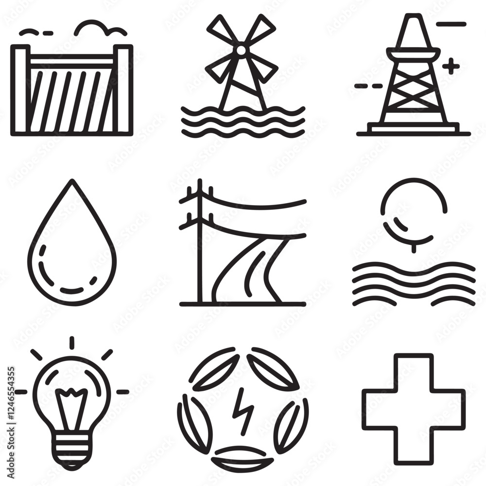 Set of outline icons related to hydropower. Linear icon collection. Editable stroke. Vector illustration Set of outline icons related to hydropower. Linear icon collection. Editable stroke. Vector illustration