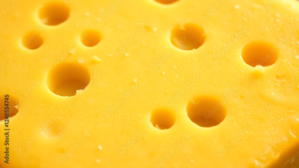 Yellow cheese with large holes close up. Detailed photo of cheese surface in macro. Generative AI Yellow cheese with large holes close up. Detailed photo of cheese surface in macro. Generative AI