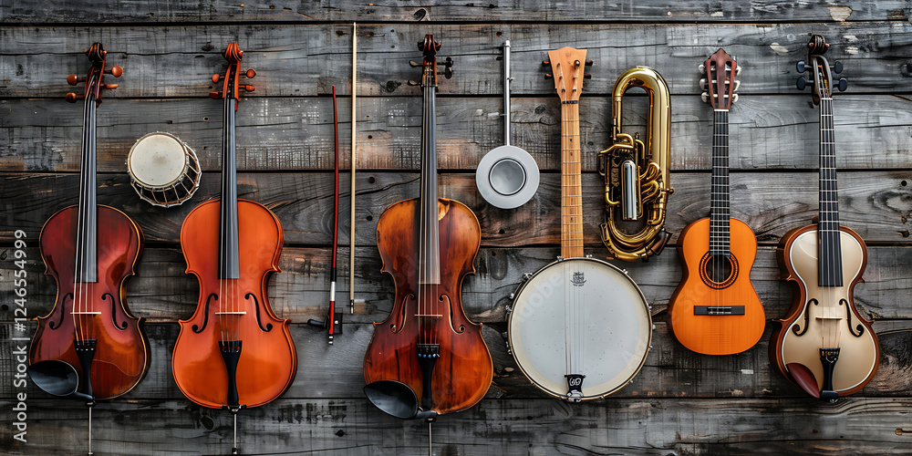 Naklejka premium Diverse Musical Instruments Including Tuba, Violin, Banjo, Drum, and Guitar 