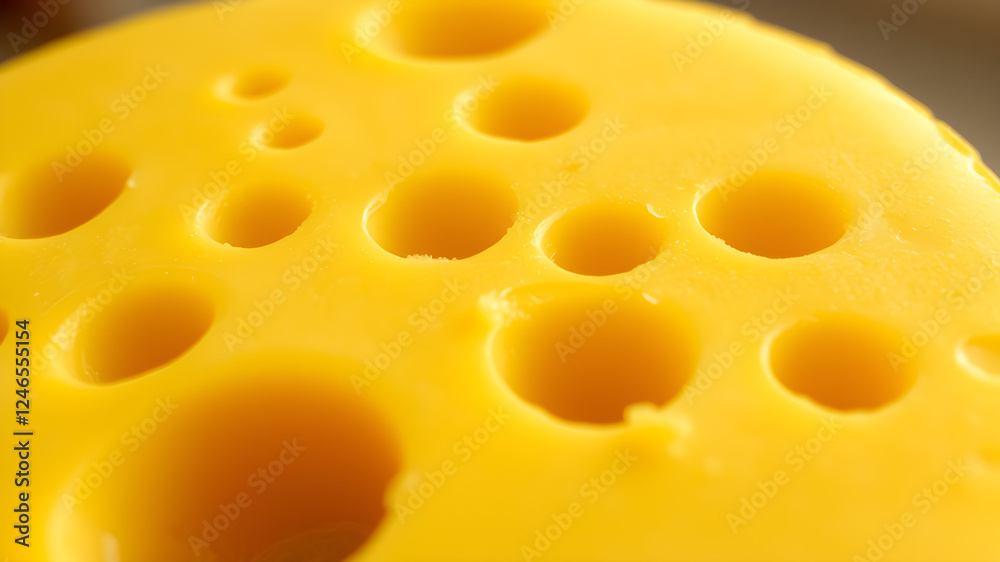 Yellow cheese with large holes close up. Detailed photo of cheese surface in macro. Generative AI Yellow cheese with large holes close up. Detailed photo of cheese surface in macro. Generative AI
