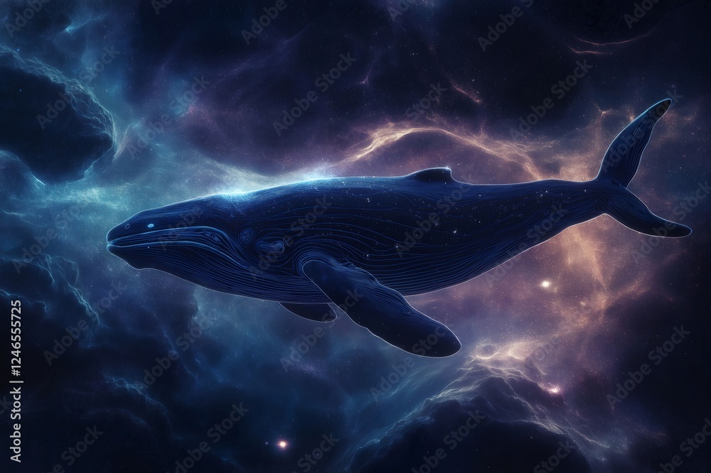 Fototapeta premium Large cetacean swimming in colorful cosmic waves in a fantasy nebula, generative AI image