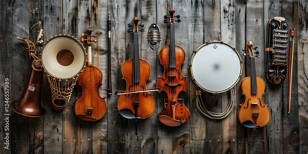 Naklejka premium Musical Instruments Displayed Against a Rustic Wooden Background: Tuba, Banjo, and More 