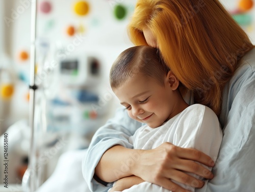 A loving mother embracing her child with a shaved head in a hospital room, providing warmth, comfort, and emotional support in a touching and hopeful moment photo