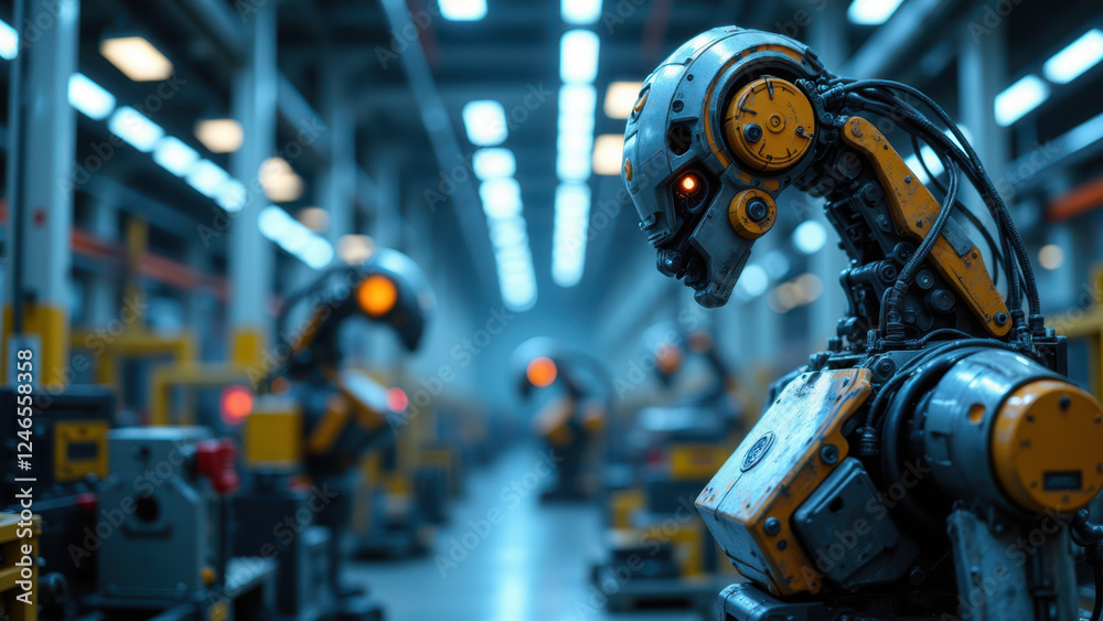 Industrial robots at work inside a factory. Industrial robots at work inside a factory.