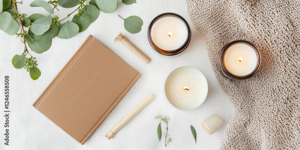 cozy flat lay featuring neutral book, candles, and greenery, creating serene atmosphere perfect for relaxation and mindfulness