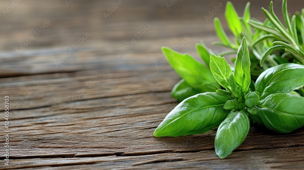 Fresh basil and rosemary herbs on rustic wooden table Fresh basil and rosemary herbs on rustic wooden table