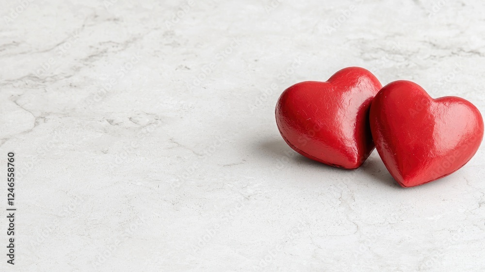 Fototapeta premium Two red hearts on marble, Valentine's Day card background