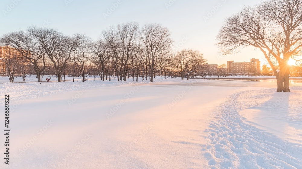 Winter Sunset Park Footprints Snow Trees Buildings Winter Sunset Park Footprints Snow Trees Buildings