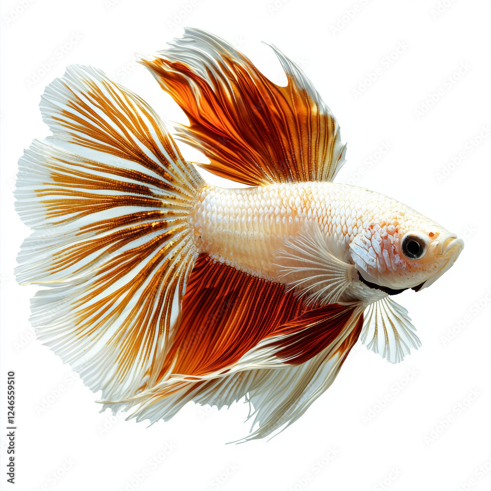 Fototapeta premium A beautiful betta fish with flowing, fan-like fins in shades of white and fiery orange against a crisp white background.