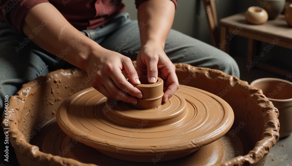 Fototapeta premium Potter shaping clay on spinning wheel
