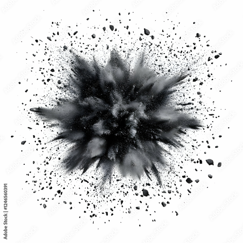 Abstract dark powder explosion on white background. Potential for graphic design use Abstract dark powder explosion on white background. Potential for graphic design use