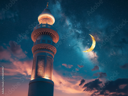 Grand mosque minaret with a glowing crescent moon in a dark blue sky, exuding peace and spiritual tranquility, serving as an iconic representation of Islamic culture and devotion. photo