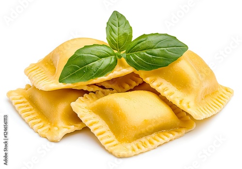 Fresh Homemade Ravioli with Basil Leaf Isolated on White Background