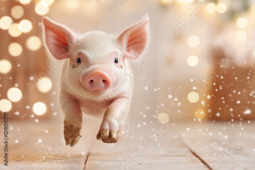 Wallpaper Mural A piglet running playfully in the mud, with a cheerful farm backdrop Torontodigital.ca