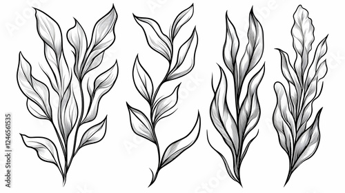 Abstract monochrome floral design elements, decorative plant branches, possible use in invitations, cards, or posters