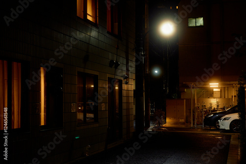 Dimly lit urban alleyway with glowing streetlights and warmly lit windows at night. Tokyo, Japan photo