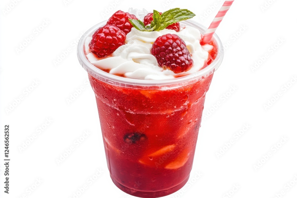 Delicious berry smoothie in a clear cup with whipped cream and raspberries on a white background Delicious berry smoothie in a clear cup with whipped cream and raspberries on a white background