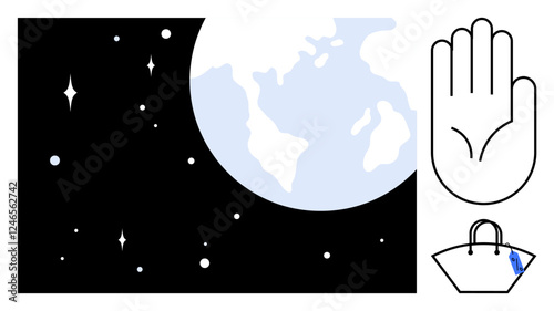 Planet Earth with stars in space alongside a raised hand and a handbag with a keychain. Ideal for themes of exploration, travel, universe, human rights, minimalism, possessions, and space travel