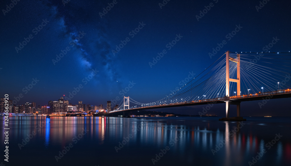 Fototapeta premium Night view of a lit bridge over calm water, starry night sky 