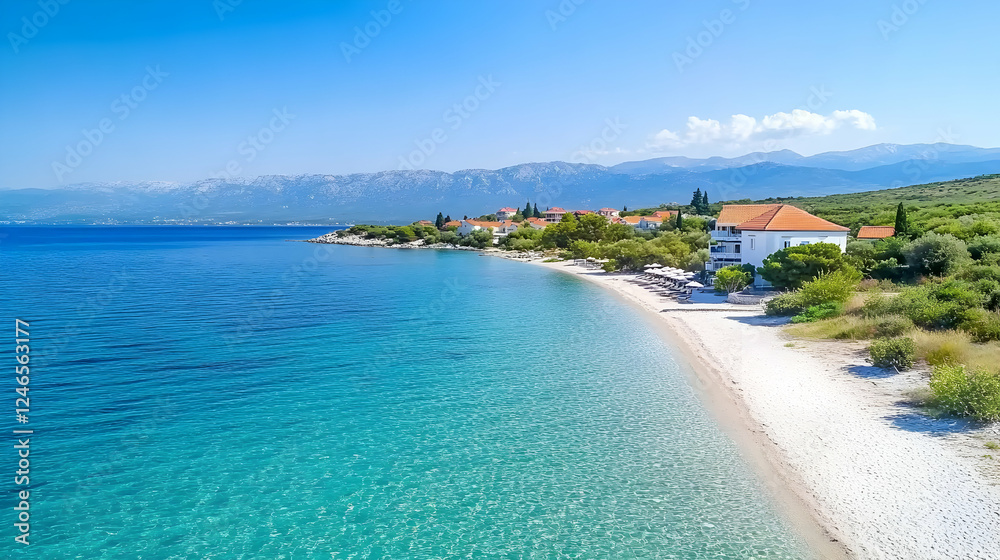 Fototapeta premium Aerial view of a beautiful beach with clear water and white sand, perfect for summer vacation and relaxation