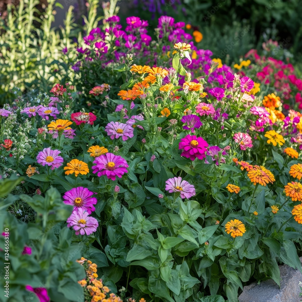 Zinnia, Euphorbia, petunias, and asters bloom Zinnia, Euphorbia, petunias, and asters bloom
