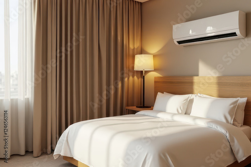 cozy bedroom with neatly made bed, bedside lamp, and air conditioner by window