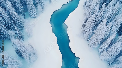 Aerial view of frozen river winding through snowy forest. Potential use Nature background, winter scene photo