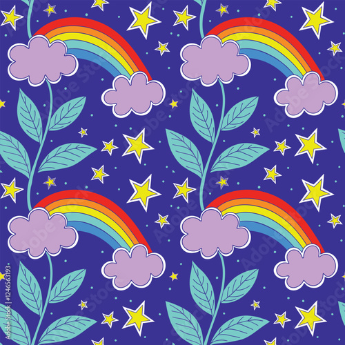 seamless pattern with rainbow. Abstract pattern. Stars, sky, vine, clouds, plants, leaves