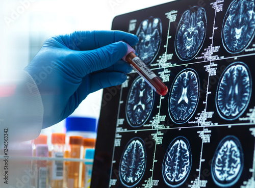 Neurology Research,Patients blood sample being checked against the medical scan during a clinical trial photo