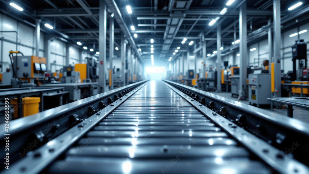 Fototapeta premium This is an industrial scene featuring a factory floor with assembly lines running down the center.