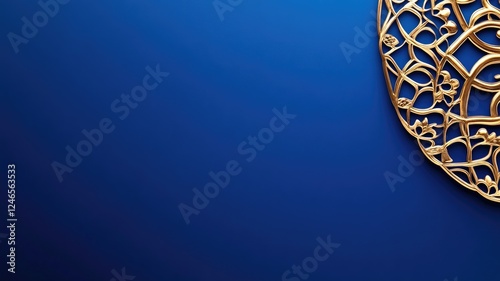 Elegant golden ornament on blue background, intricate floral design