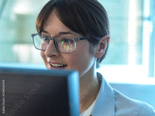 Financial analyst viewing stock market performance of a company share price.