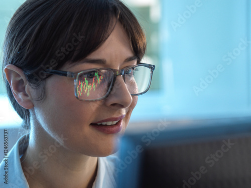 Financial analyst viewing stock market performance of a company share price.