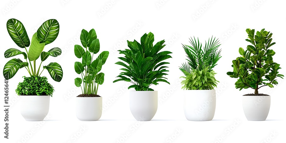 Fototapeta premium Collection of Indoor Green Plants in Modern White Pots