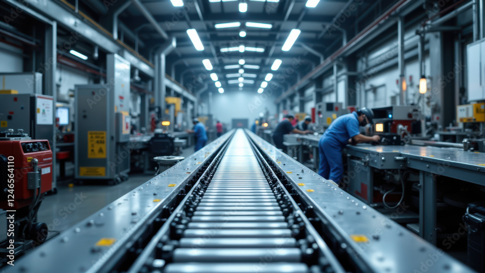 Industrial manufacturing plant with workers operating machinery on an assembly line. Industrial manufacturing plant with workers operating machinery on an assembly line.