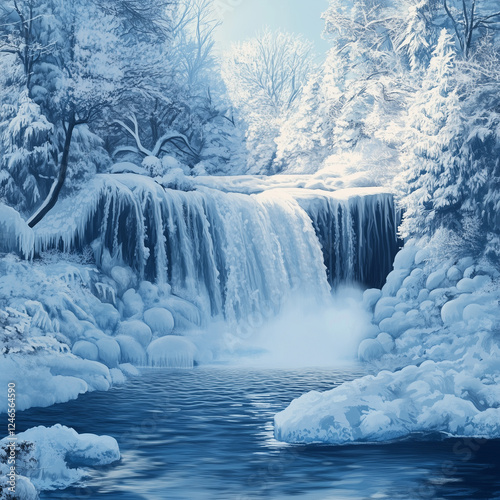 Digital illustration of a serene winter waterfall surrounded by snowy trees. Concept of tranquil nature, peaceful winter landscape, frozen beauty