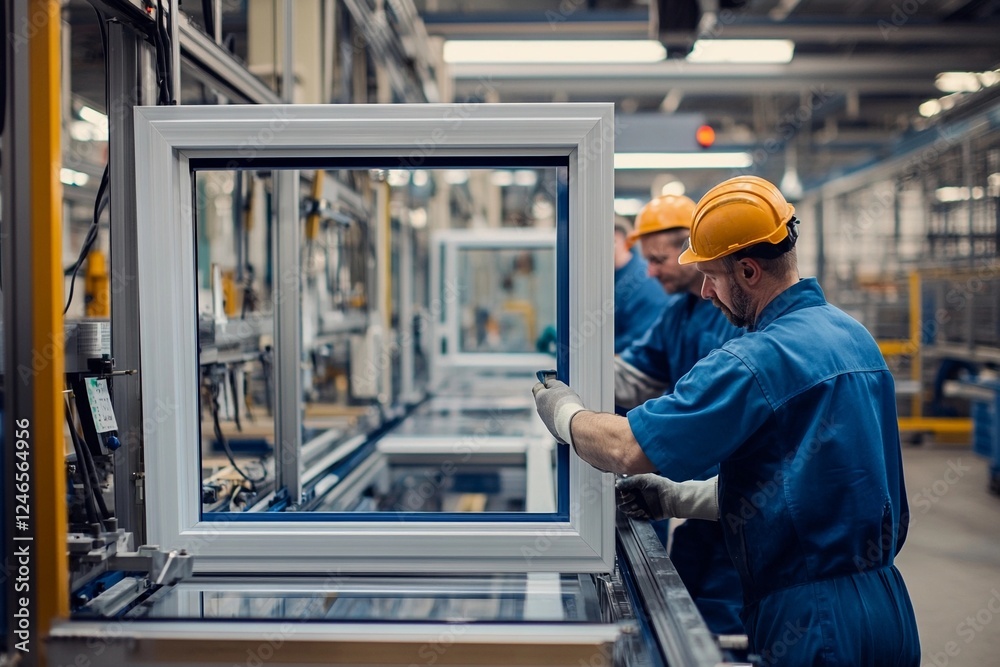 Workers assemble window frames in a manufacturing facility during the day Workers assemble window frames in a manufacturing facility during the day