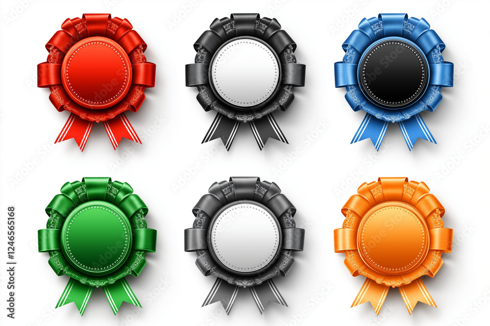 Elegant Set of Colorful Award Ribbons: Red, Blue, Green, Orange, and Black Badges with Glossy Finish Elegant Set of Colorful Award Ribbons: Red, Blue, Green, Orange, and Black Badges with Glossy Finish