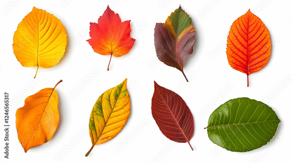 Obraz premium Autumn leaves isolated on white background; vibrant fall foliage; nature; perfect for education or design