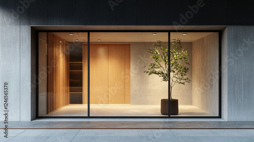 Modern shop window showcasing minimalist design with potted plant