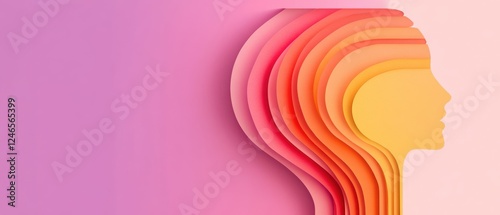 A colorful, abstract representation of a woman's profile in layered paper cutouts, blending soft pinks and oranges against a subtle background.