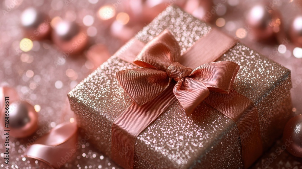 Sparkling Rose Gold Gift Box with Ribbon and Decorative Elements on a Glimmering Background Sparkling Rose Gold Gift Box with Ribbon and Decorative Elements on a Glimmering Background